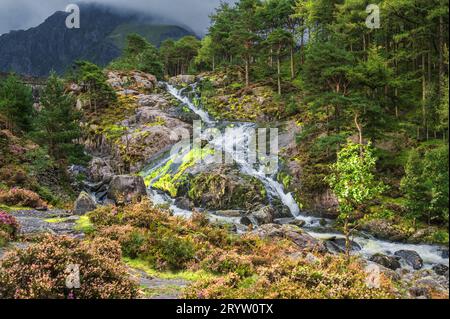 Das Bild zeigt die Ogwen-Wasserfälle am Fuße des Ogwen-Tals in Snowdonia NP in Nordwales Stockfoto