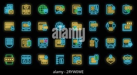 Symbole für die Multi-Faktor-Authentifizierung legen den Konturvektor fest. Notebook-Sicherheit. Neonfarbe des Webcomputers auf Schwarz Stock Vektor