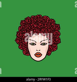 Gesicht einer schönen Frau mit roten Rosenblüten als ihre Haarvektorillustration für den Rosentag am 07. Februar Stock Vektor
