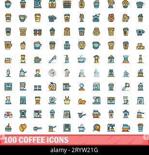 100 Kaffeesymbole eingestellt. Farbliniensatz mit Kaffeevektorsymbolen dünne Linie flach auf weiß Stock Vektor