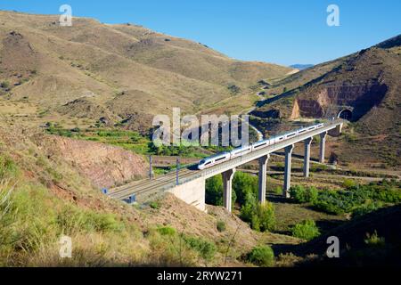Hochgeschwindigkeitszug über ein Viadukt in Purroy, Provinz Saragossa, Aragon in Spanien, AVE Madrid Barcelona Stockfoto