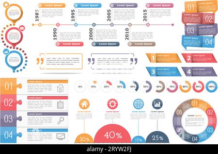 Infografik Elemente - Kreis Diagramm, Timeline, Fortschrittsindikatoren, Schaltplan mit Prozenten, Design Vorlagen mit Zahlen (Schritte und Optionen) und Text Stock Vektor