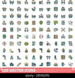 100 Doctor-Symbole eingestellt. Farbliniensatz mit Doctor-Vektorsymbolen dünne Linienfarbe flach auf weiß Stock Vektor