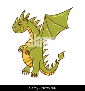 Der süße grüne fliegende Drache steht und lächelt. Bunte Vektor-isolierte Illustration Hand gezeichnete Doodle. Symbol des Jahres 2024. Reptilien aus dem asiatischen Raum Stock Vektor