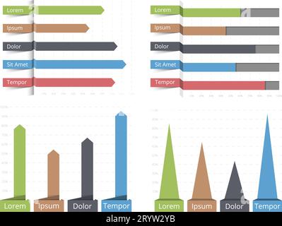 Vier Balkendiagramme, horizontale und vertikale Balkendiagramme mit Text, Vorlagen für geschäftliche Infografiken, Vektorgrafiken 10 Stock Vektor