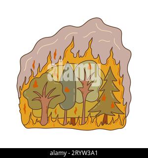 Waldbrand, brennende Bäume, viel Rauch. Retten Sie den Wald. Notfall. Schützen Sie die Natur. Bunte Vektor isolierte Illustration mit Umriss Hand gezeichnet ca. Stock Vektor