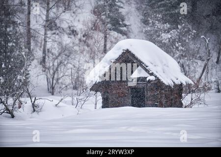 Altes verlassenes Holzhaus. Das Dach ist mit einer dicken Schneedecke bedeckt. Altai im Winter. Stockfoto