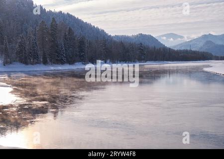 Altai Fluss Biya im Winter. Die Ufer des Flusses sind von Eis und Schnee bedeckt. Stockfoto