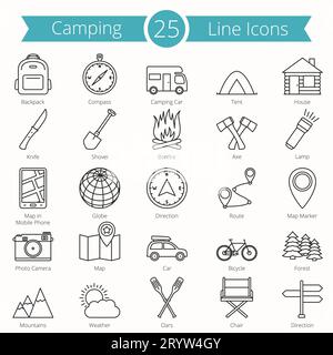 25 Camping Zeile für Symbole, Vector EPS 10 Abbildung Stock Vektor