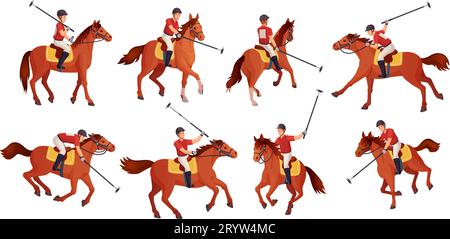Polospieler. Pferd Reiter, der Polos-Spiel auf dem Feld spielt, Pferdesportspieler Reiterverein, Jockey Pferde kavalier Turnier-Match, Zeichentrickset geniale Vektor-Illustration des Pferdespielers Stock Vektor