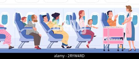 Stewardess Passagiere. Touristen Passagier und Kind entspannen auf Sitz Flugzeugkabine sitzen, weibliche Flugbegleitung Service mit Getränken Lebensmittelwagen im Gang, stilvolle Vektorillustration des Reisetouristen Stock Vektor