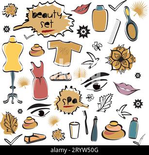 Set von Schönheitsgegenständen Objekte Elemente Icons mit Spa, Mode Doodles in verschiedenen Farben - Vektor Design Illustration von Hand gezeichnetes Kunstwerk - Kleid Stock Vektor