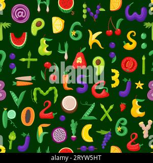 Zeichentrickobst und Gemüse Buchstaben oder Zahlen nahtloses Muster auf Vektorhintergrund. Kid-Alphabet-Muster aus Banane, Pfeffer oder Karotte, Gurke und Tomate mit Kirschbeeren- und Zwiebelzahlen und ABC Stock Vektor