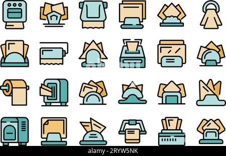 Symbole für Serviettenhalter legen den Konturvektor fest. Tischpapier. Cafe-Gewebe, dünne Linie, flach auf weiß Stock Vektor