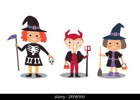 Set mit Kindern in Halloween Kostüm für Kostümparty Stock Vektor