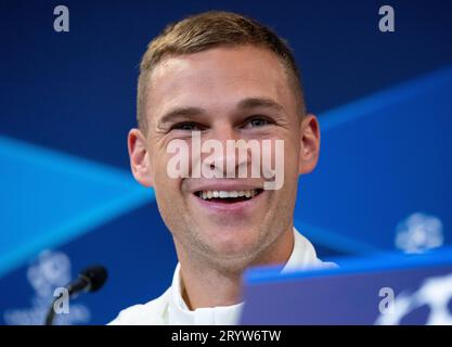 Kopenhagen, Dänemark. Oktober 2023. Fußball, Pressekonferenz FC Bayern München vor dem Champions-League-Spiel FC Kopenhagen - Bayern München im Parken Stadion. Joshua Kimmich von München auf dem Podium. Quelle: Sven Hoppe/dpa/Alamy Live News Stockfoto