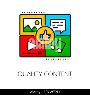 Qualitätsinhalte, Farbsymbol für SEM-Suchmaschinen-Marketing für Inhaltsfenster, Gliederungsvektor. Piktogramm für Website- und digitale Medieninhalte mit Foto-, Video- oder Musiksymbolen für SEM- oder SEO-Online-Inhalte Stock Vektor