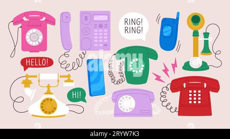Verschiedene Retro-Telefone, flache Vintage-Telefone. Drachenzeichnung mit Drahttelefonen, stylische Gadgets Nostalgie. Telefonsystem-Vektorsatz Stock Vektor