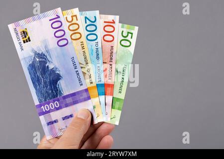 Norwegische Krone in der Hand auf grauem Hintergrund Stockfoto