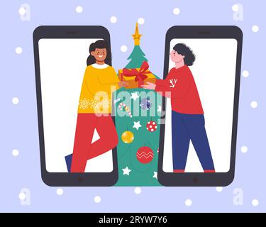 Austausch von Weihnachtsgeschenken. Niedliche Freunde auf dem Smartphone-Bildschirm mit Geschenkbox. Online-Party zu Weihnachten oder Neujahr. Frohe Feiertage, wunderbarer Vektor Stock Vektor
