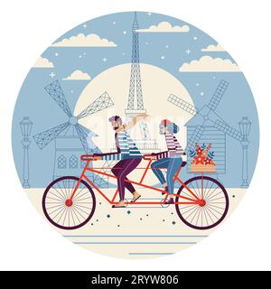 Ein Paar reitet gemeinsam mit dem Tandem-Fahrrad in Paris Stock Vektor