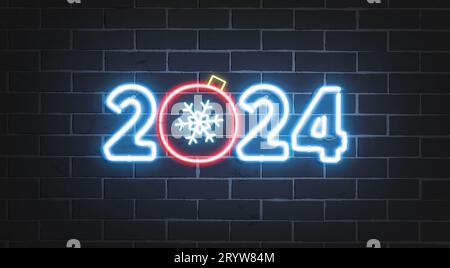 Dekoratives weihnachtssymbol in Neon mit 2024 Zahlen auf dunkler Ziegelwand, 3D-Rendering. Ultraviolettes Helium mit leuchtendem Weihnachtszeichen. Dekor mit elektrischen Schildern Stockfoto