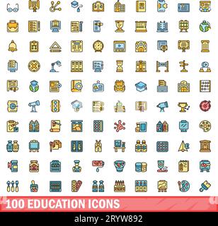 100 Bildungs-Symbole. Farbliniensatz mit Bildungsvektorsymbolen dünne Linienfarbe flach auf weiß Stock Vektor