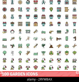 100 Set mit Gartensymbolen. Farbliniensatz mit Gartenvektorsymbolen dünne Linienfarbe flach auf weiß Stock Vektor