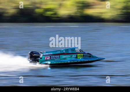 Motorboot-Rennen in Vila Velha de Ródão, während des Großen Preises von Portugal II der UIM F2-Weltmeisterschaft 2023. Stockfoto