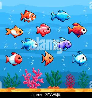 Meer und Aquarium tropische Pixelfische, 8-Bit-Tiere. Retro-Arcade-Hintergrund, 2D-Plattform-Konsolen-Vektorlandschaft oder 8-Bit-PC-Design-Asset auf Spielebene. Indie-Game-Kulisse mit tropischen Aquarienfischen Stock Vektor