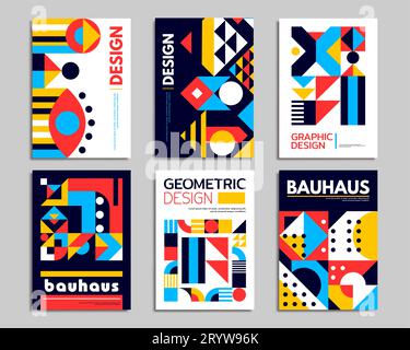 Moderne abstrakte bauhaus-Plakate. Geometrisches Muster eines minimalen Vektorgrafischen Hintergrunds mit Farbkreisen, Quadraten und Dreiecken. Retro-bauhaus-Muster mit Collage einfacher geometrischer Formen Stock Vektor