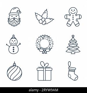 Set aus 9 grundlegenden Weihnachten Zeile für Symbole, Vector EPS 10 Abbildung Stock Vektor