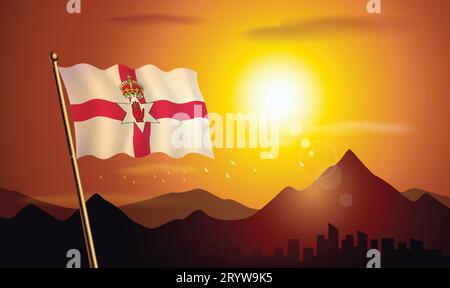 Flagge mit Sonnenuntergang Hintergrund von Bergen und Seen Stock Vektor