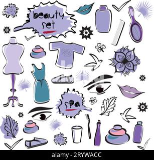 Set von Schönheitsgegenständen Objekte Elemente Icons mit Spa, Mode Doodles in verschiedenen Farben - Vektor Design Illustration von Hand gezeichnetes Kunstwerk - Kleid Stock Vektor