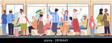 Passagiere mit öffentlichen Verkehrsmitteln. Sitzende und stehende Charaktere in überfüllten Wagen der U-Bahn, Personen-Smartphone auf Zug oder Straßenbahn, Vektorillustration des Zugpersonenverkehrs, Sitzplatz öffentlich Stock Vektor