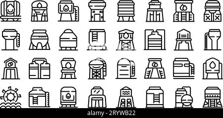 Symbole für Wassertürme legen den Konturvektor fest. Tankindustrie. Turmwerk Stock Vektor