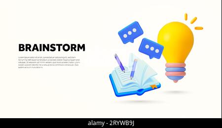 Brainstorming-Vorlage mit Glühbirne, Notizbuch und Bleistiften, Denkblase. Landing-Page für Ideen und Lösungen. 3D gerendertes Buch und Glühlampensymbol isoliert im Hintergrund. 3D-Vektorillustration. Vektorillustration Stock Vektor