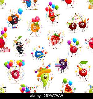 Cartoon-Beerenfiguren an Geburtstagsfeiertagen, nahtloses Muster. Süße Erdbeere, Kirsche, Preiselbeere und Himbeere Frucht Vektor Personages Hintergrund. Beeren mit Kuchen, Partyhüte, Ballons, Konfetti Stock Vektor