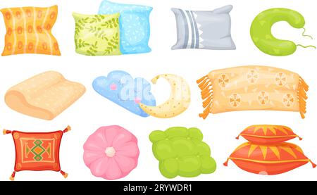 Bequeme Kissen. Zeichentrickkissen Set, buntes Kissen in Kissenbezügen mit Kunst oder Fransen zum Entspannen von Sofa und Bett, isoliertes gepolstertes Kissen quadratische Dekorform, Vektorillustration des bequemen Kissen Stock Vektor