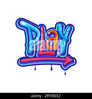 Spielen Sie Graffiti, Streetart und urbane Schriftzüge mit Farbspray und Vektorgrafiken. Graffiti-Wort Spielen Sie mit Pfeil in roter und blauer Neonfarbe, urbaner oder Hipster-Schrift an der Wand mit Tropffarben Stock Vektor