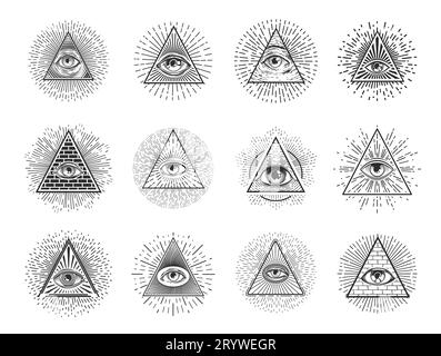 Illuminaten-Augen und freimaurerpyramidendreiecke, Vorsehung und okkulte Vektorsymbole. Freimaurersymbole und geheime Vereinssymbole der maurerpyramiden mit Vorsehung für esoterische Alchemie und Magie Stock Vektor
