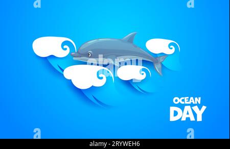 Papier geschnittene Meereswellen und Zeichentrickdolfin, Weltmeertag-Vektor-Poster. Unterwasserumwelt, Erhaltung des Meeresökosystems oder Schutz von Meerestieren am Weltmeertag in Papierschnittschichten Stock Vektor