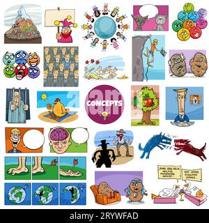 Illustrieren Sie große Sätze humorvoller Cartoon-Konzepte oder Metaphern und Ideen mit Comic-Figuren Stockfoto