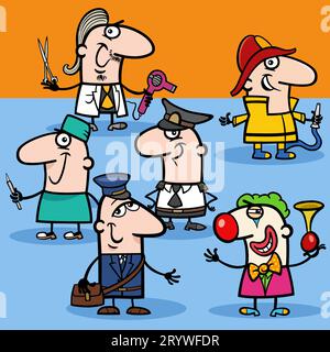 Cartoon-Darstellung von lustigen Menschen verschiedener Berufe Charaktere Gruppe Malseite Stockfoto
