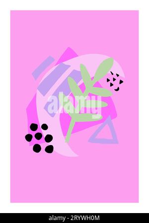 Handgezeichnete abstrakte Karte. Leuchtende Farben, geometrisches Poster. Punkte, Mond, verschiedene Formen, Blätter, trendige Komposition. Skandinavisches Grafikbanner. Funky Stock Vektor