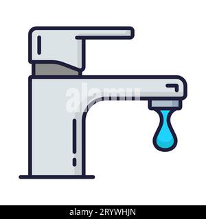 Symbol für Farbinstallationsservice. Toilette, Rohr, Badezimmer Probleme. Isoliertes lineares Vektorzeichen des undichten Wasserhahns mit Wassertropfen, gebrochenem Wasserhahn muss repariert und fixiert werden, Umrisssymbol Stock Vektor
