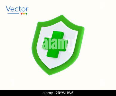 3D gerenderter grüner Schild mit medizinischem Symbol, isoliert auf weißem Hintergrund. Gesundheitswesen, Krankenhaus oder Apotheke, Antivirensymbol. 3D-Vektorillustration. Vektorillustration Stock Vektor