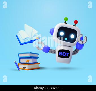 3D intelligente und sachkundige Bannervorlage für KI-Chatbot mit niedlichem Roboter und Büchern. Online-Lernkonzept, Studentenunterstützung, Online-Kurs. 3D-gerenderter Roboter. 3D-Vektorillustration. Vektorillustration Stock Vektor