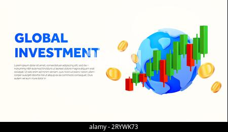 Banner oder Landing-Page-Vorlage für globale Investitionen mit wachsendem japanischen Kerzendiagramm, Globus und Münzen. 3D-Rendered Investment, Trading-Symbol, isoliert im Hintergrund. 3D-Vektorillustration. Vektorillustration Stock Vektor