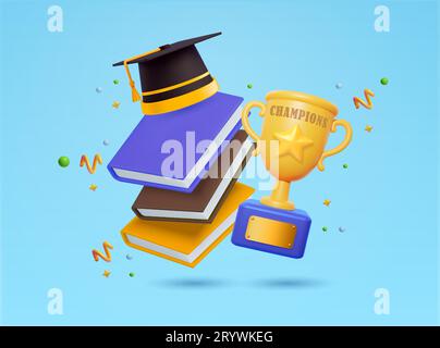 Bannervorlage für 3D-Lernen und -Lernen mit Pokal, Büchern und Abschlussabschluss. 3D gerenderte Bücher und Wissenssymbol isoliert im Hintergrund. 3D-Vektorillustration für die Graduierung. Vektorillustration Stock Vektor